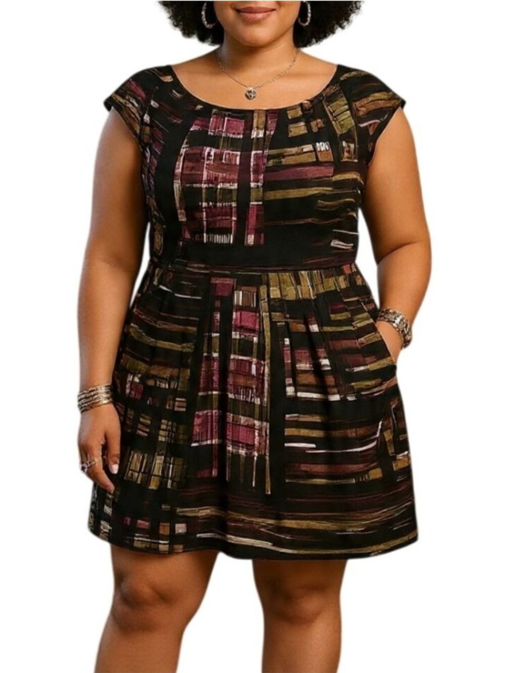 Corey P Size 14 Dress Brush Stroke Print Cap Sleeve Side Pockets Back Zip